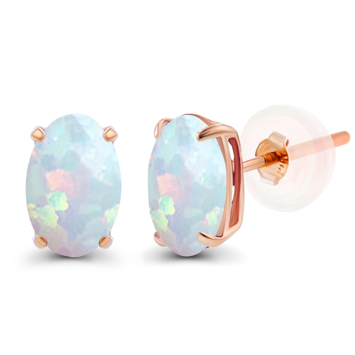 Sterling Silver Rose 5x3mm Oval Created Opal Basket Stud Earrings with Silicone Backs