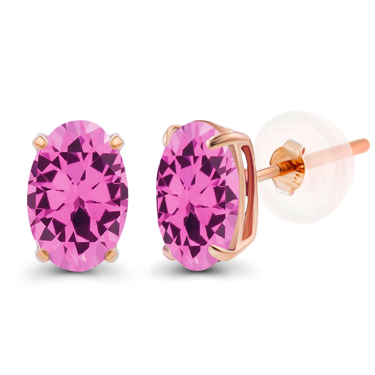 Sterling Silver Rose 5x3mm Oval Created Pink Sapphire Basket Stud Earrings with Silicone Backs