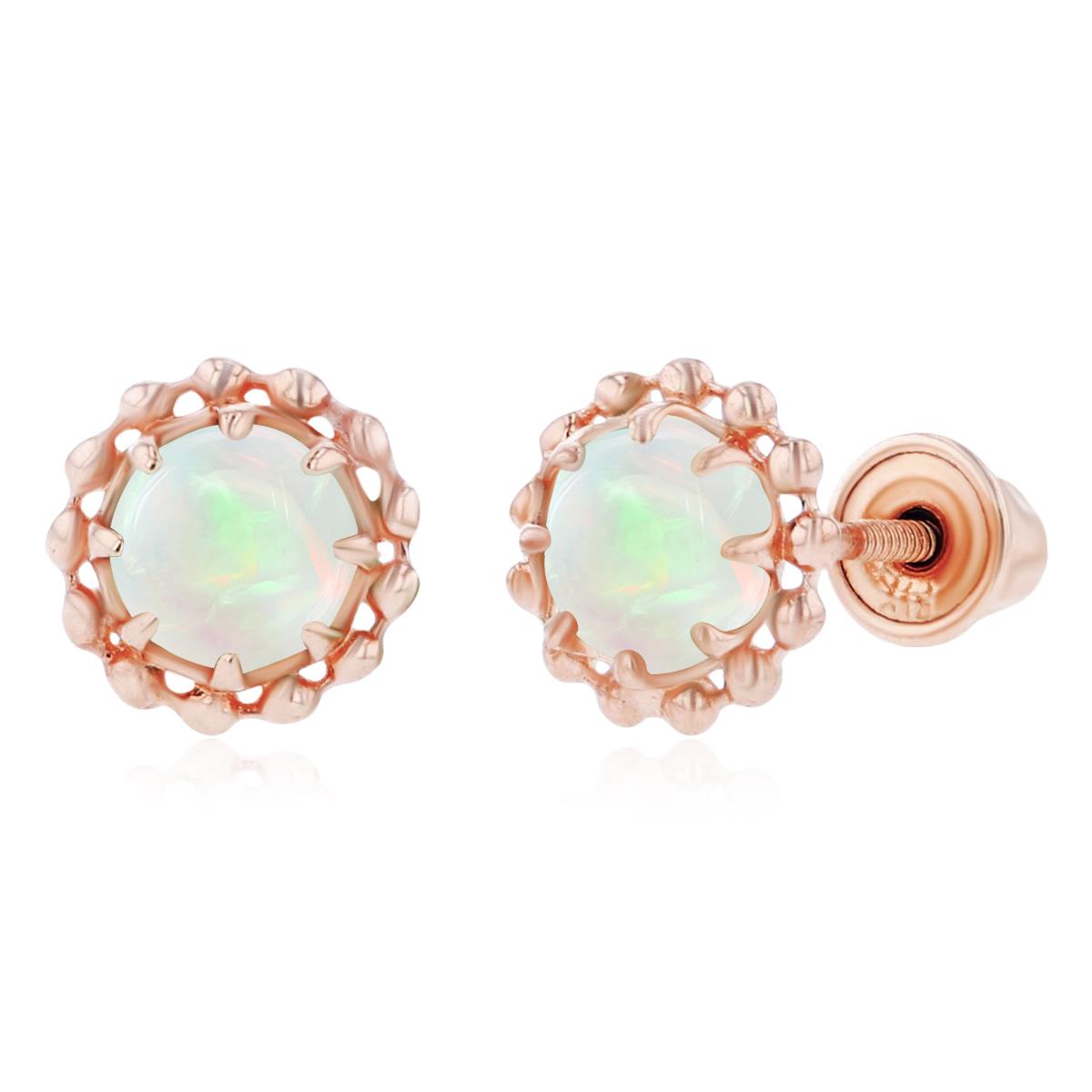 14K Rose Gold 4mm Round Opal Textured Halo Screwback Earrings