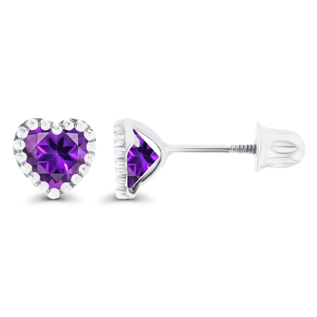 14K White Gold 4mm Heart Amethyst Bezel Screwback Earrings
