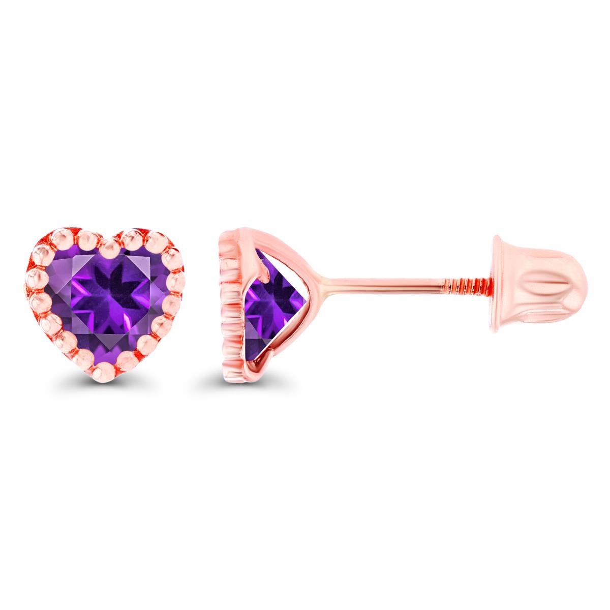 14K Rose Gold 4mm Heart Amethyst Bezel Screwback Earrings