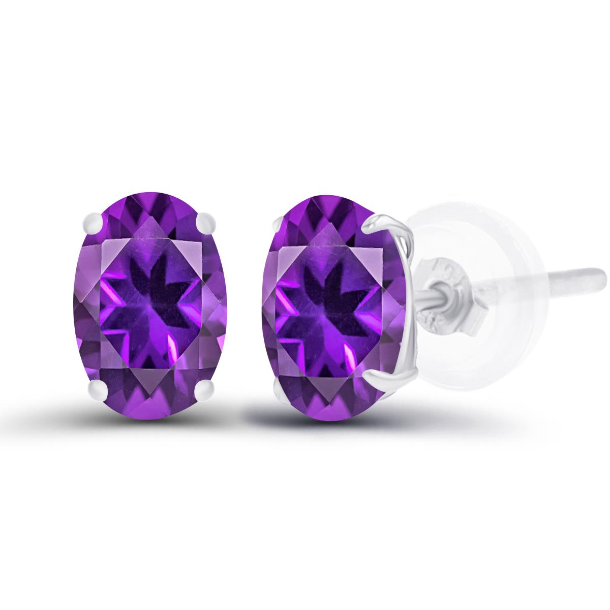 Sterling Silver Rhodium 6x4mm Oval Amethyst Basket Stud Earrings with Silicone Back