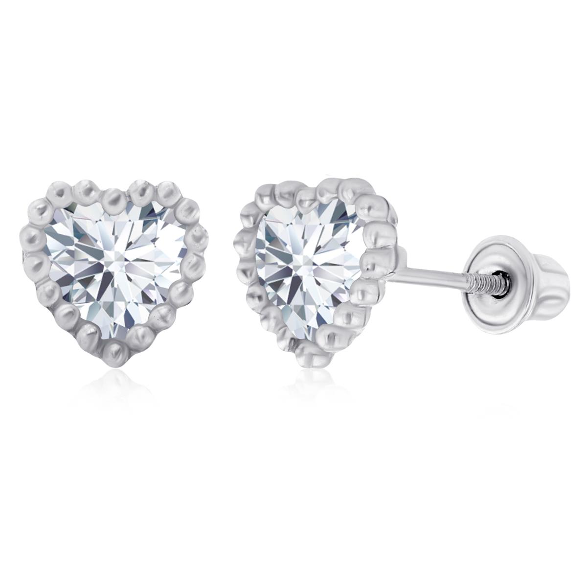 14K White Gold 5mm Heart Created White Sapphire Beaded Frame Screwback Earrings