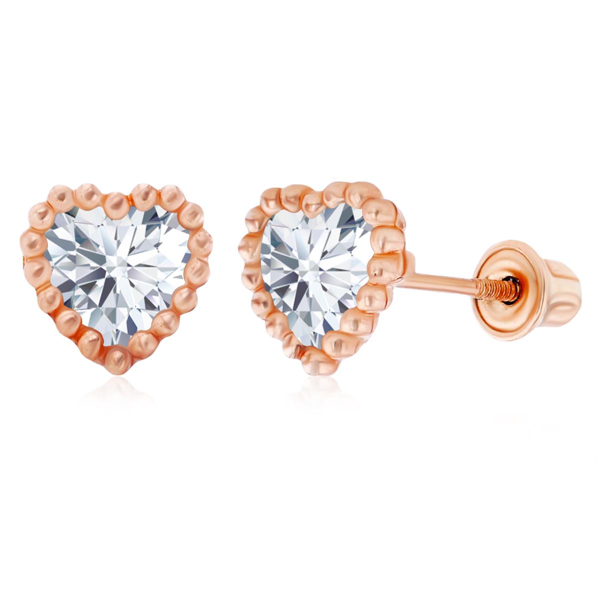 14K Rose Gold 5mm Heart Created White Sapphire Beaded Frame Screwback Earrings