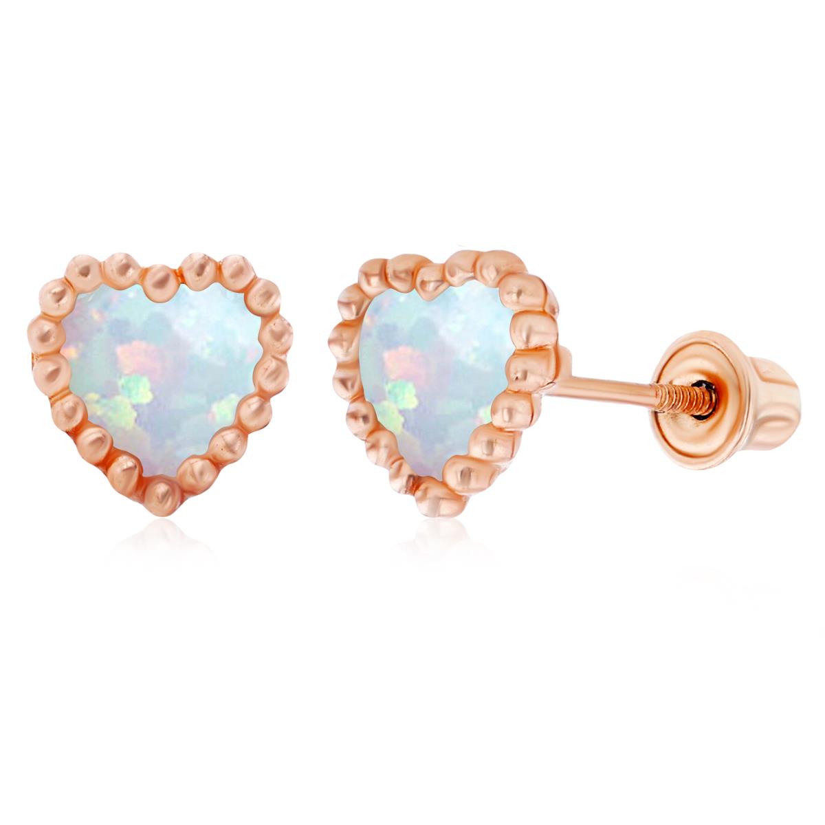 14K Rose Gold 5mm Heart Created Opal Beaded Frame Screwback Earrings