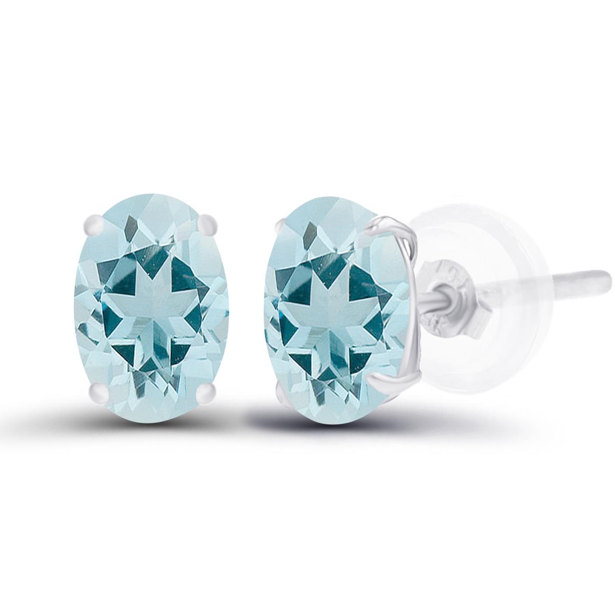 Sterling Silver Rhodium 6x4mm Oval Aquamarine Basket Stud Earrings with Silicone Back