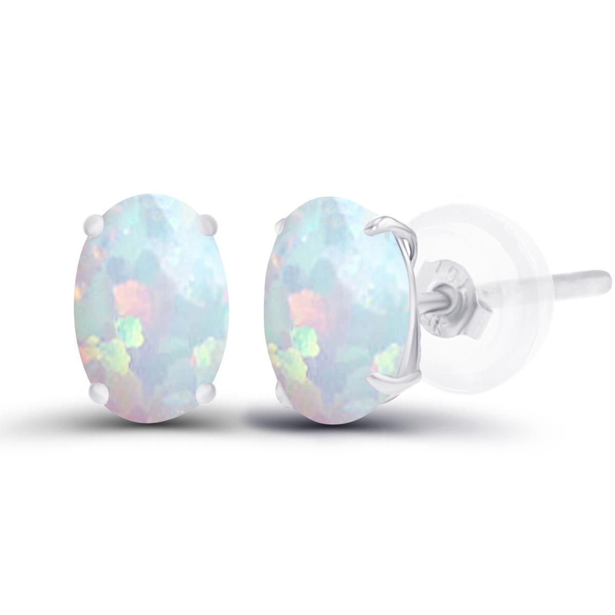 Sterling Silver Rhodium 6x4mm Oval Created Opal Basket Stud Earrings with Silicone Back