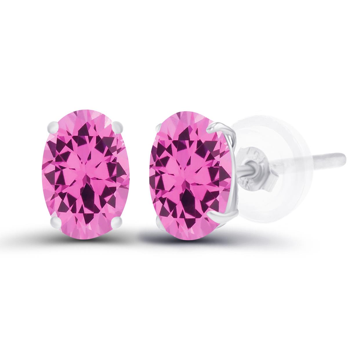 Sterling Silver Rhodium 6x4mm Oval Created Pink Sapphire Basket Stud Earrings with Silicone Back
