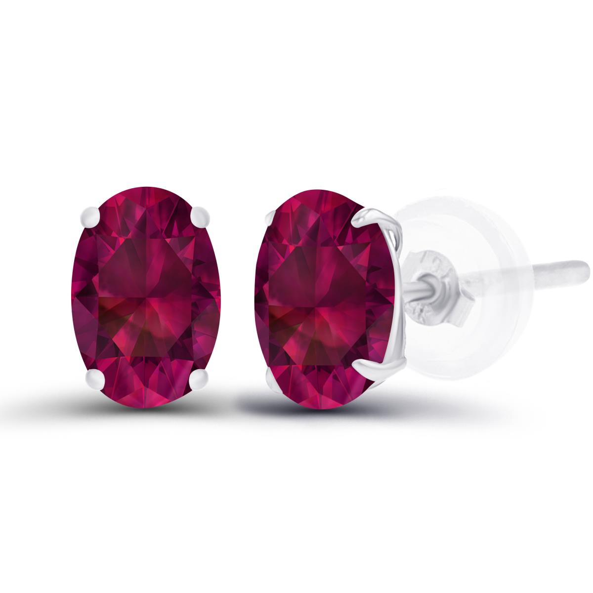 Sterling Silver Rhodium 6x4mm Oval Created Ruby Basket Stud Earrings with Silicone Back