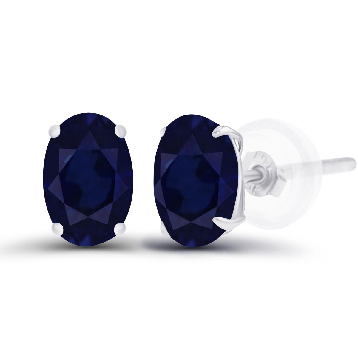 Sterling Silver Rhodium 6x4mm Oval Sapphire Basket Stud Earrings with Silicone Back