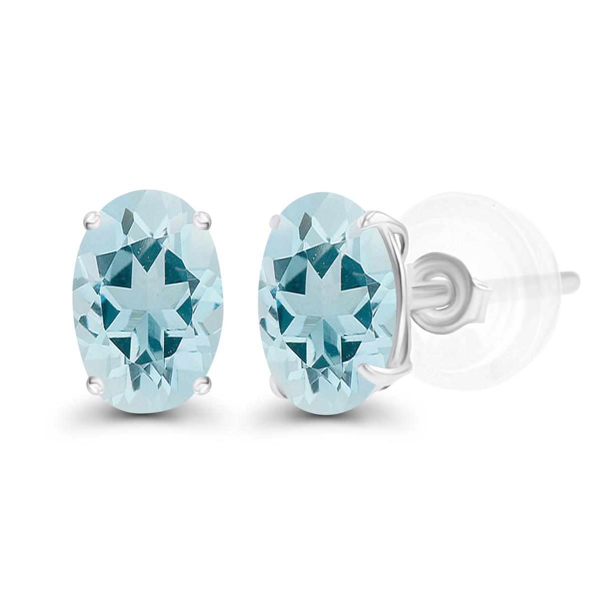 Sterling Silver Rhodium 7x5mm Oval Aquamarine Basket Stud Earrings with Silicone Backs