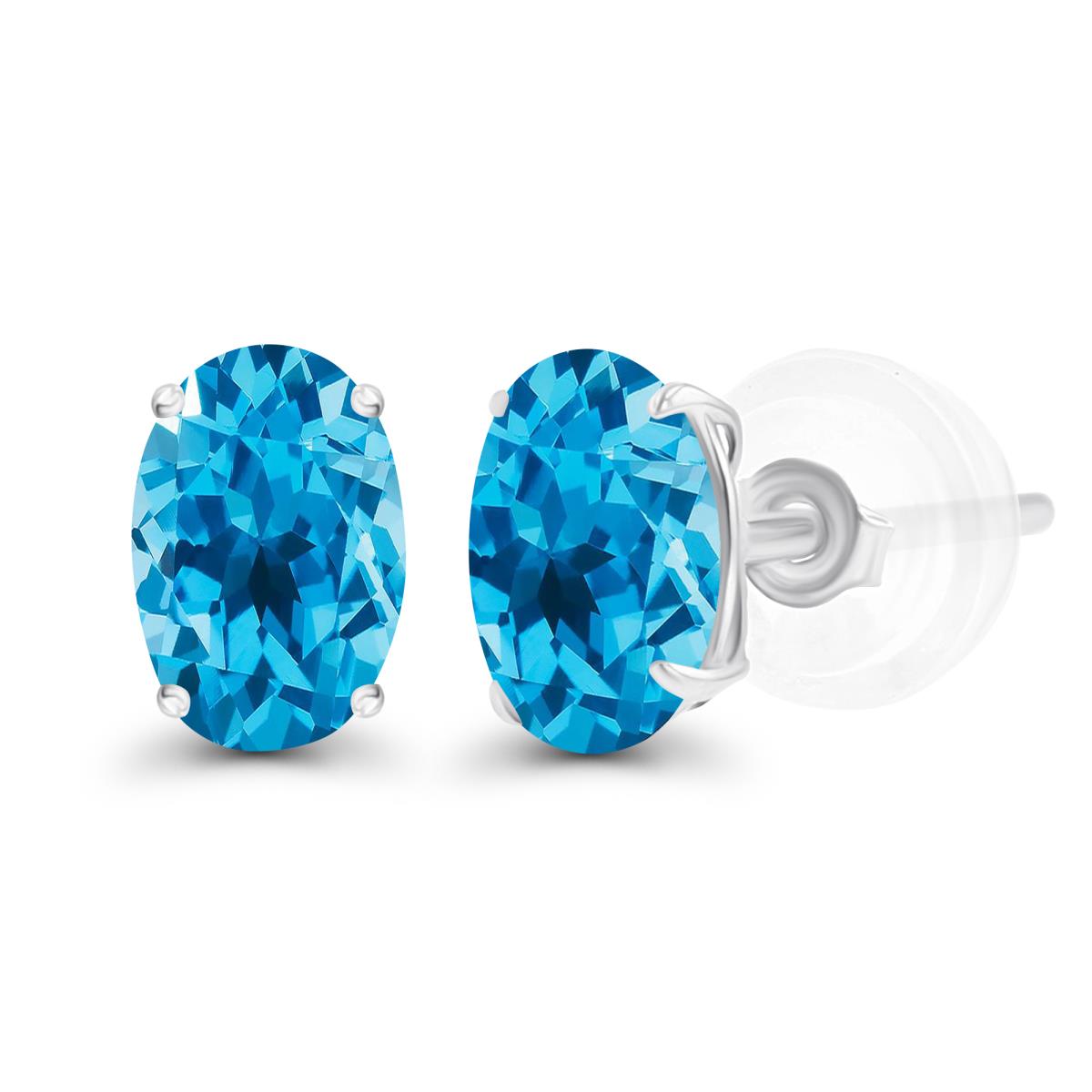 Sterling Silver Rhodium 7x5mm Oval Swiss Blue Topaz Basket Stud Earrings with Silicone Backs