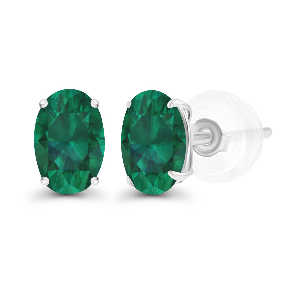 Sterling Silver Rhodium 7x5mm Oval Created Emerald Basket Stud Earrings with Silicone Backs