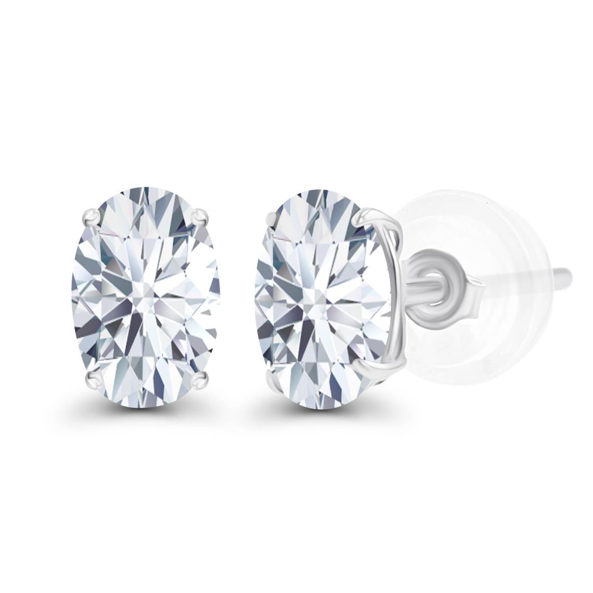 Sterling Silver Rhodium 7x5mm Oval Created White Sapphire Basket Stud Earrings with Silicone Backs