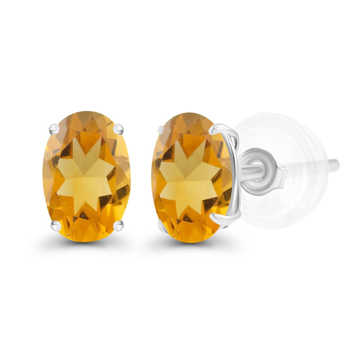 Sterling Silver Rhodium 7x5mm Oval Citrine Basket Stud Earrings with Silicone Backs