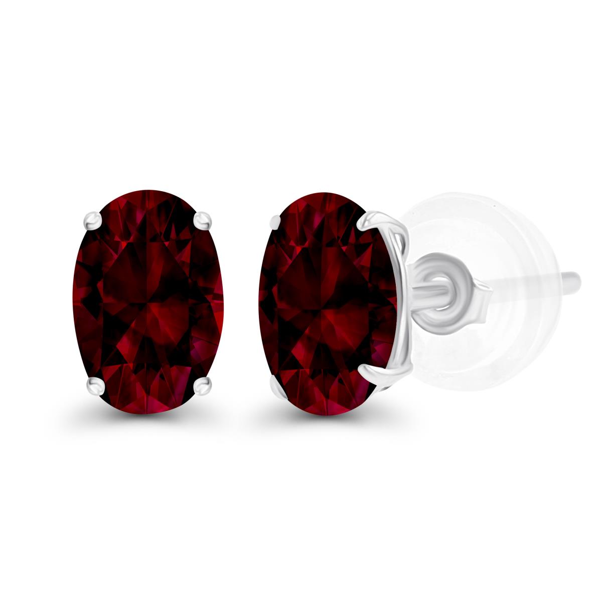 Sterling Silver Rhodium 7x5mm Oval Garnet Basket Stud Earrings with Silicone Backs