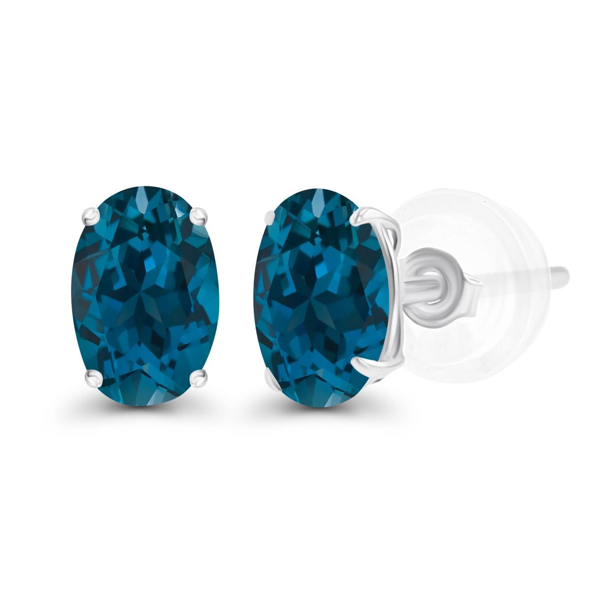 Sterling Silver Rhodium 7x5mm Oval London Blue Topaz Basket Stud Earrings with Silicone Backs