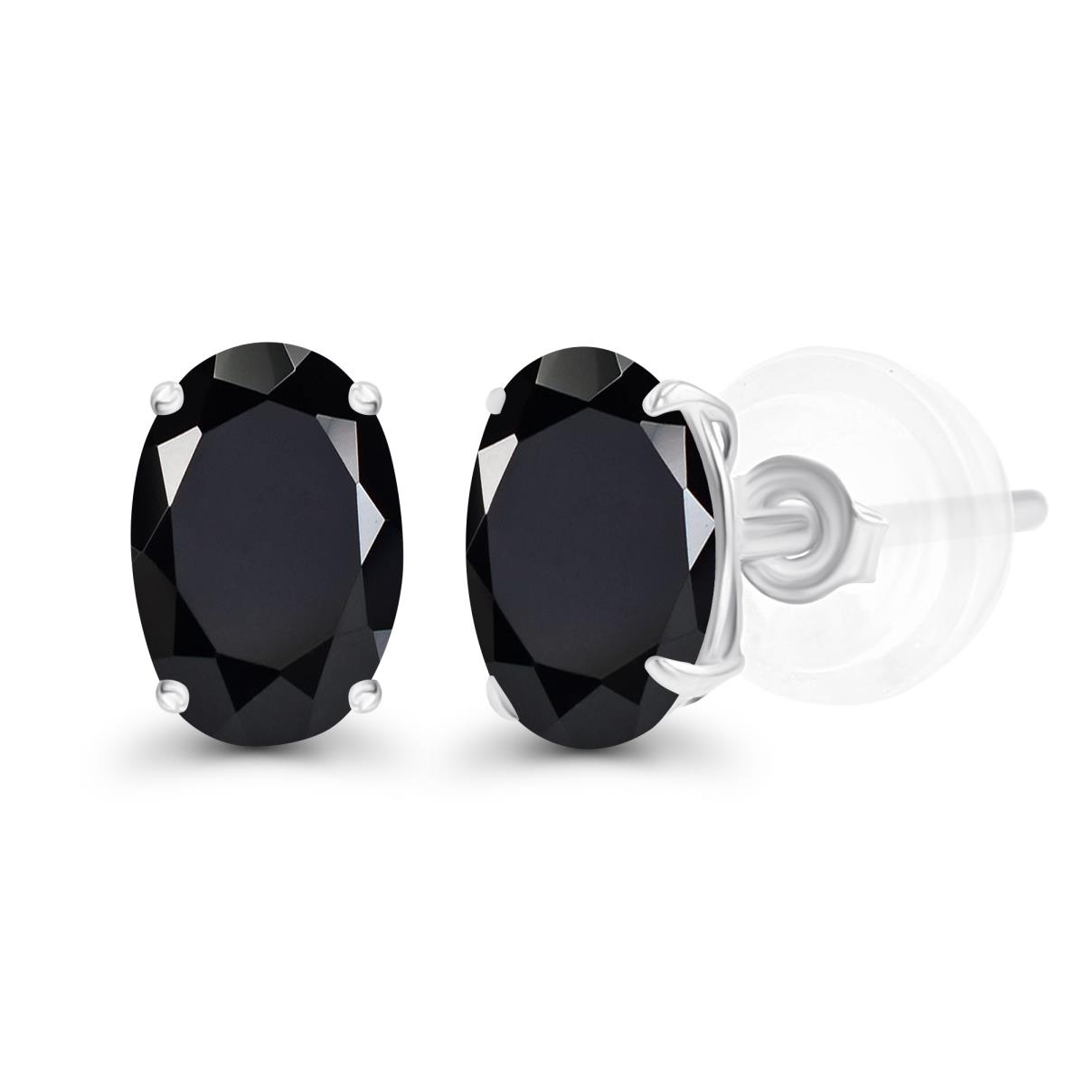 Sterling Silver Rhodium 7x5mm Oval Onyx Basket Stud Earrings with Silicone Backs