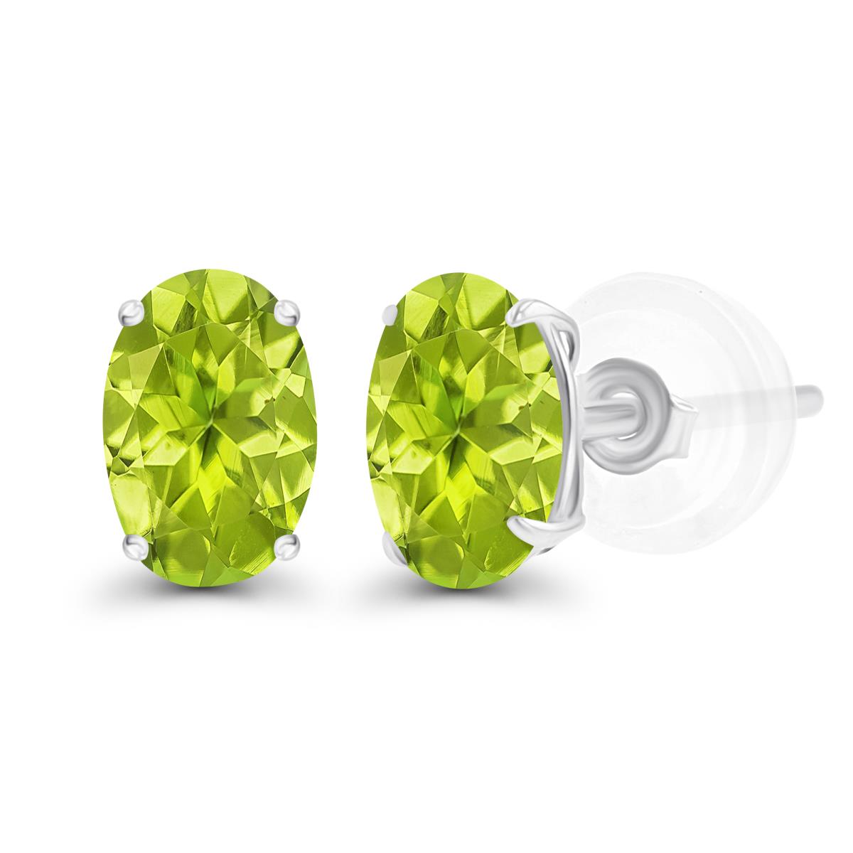 Sterling Silver Rhodium 7x5mm Oval Peridot Basket Stud Earrings with Silicone Backs