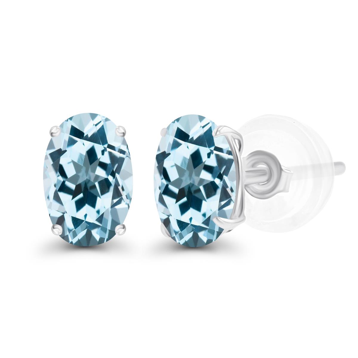 Sterling Silver Rhodium 7x5mm Oval Sky Blue Topaz Basket Stud Earrings with Silicone Backs
