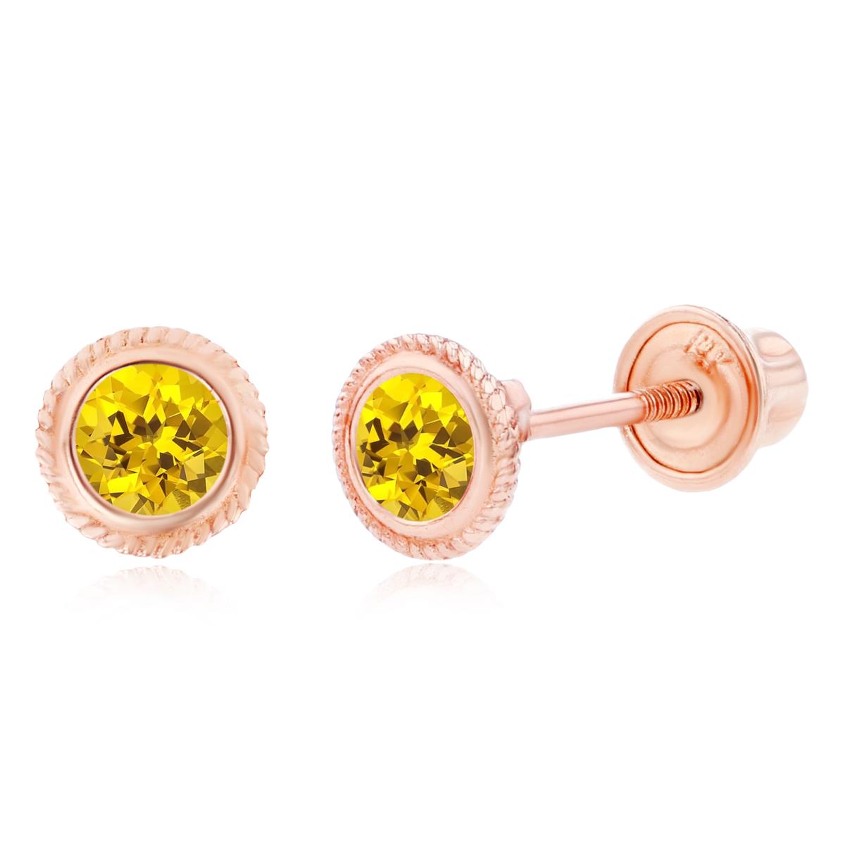14K Rose Gold 3mm Round Created Yellow Sapphire Rope Bezel Screwback Earrings