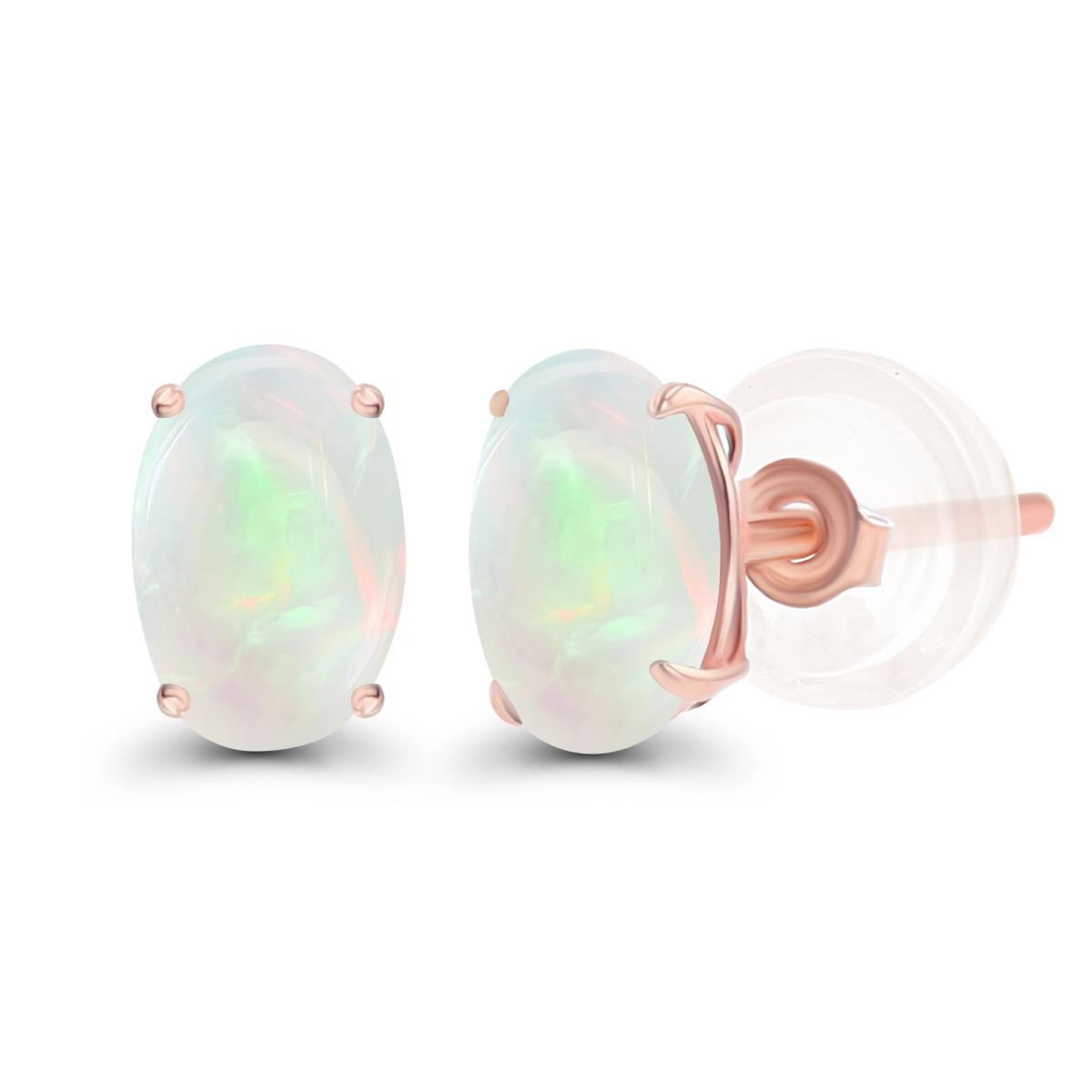 Sterling Silver Rose 7x5mm Oval Opal Basket Stud Earrings with Silicone Backs
