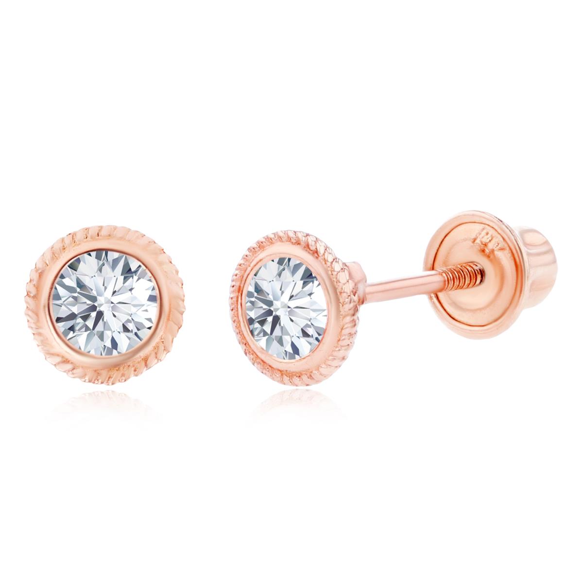 14K Rose Gold 3mm Round Created White Sapphire Rope Bezel Screwback Earrings