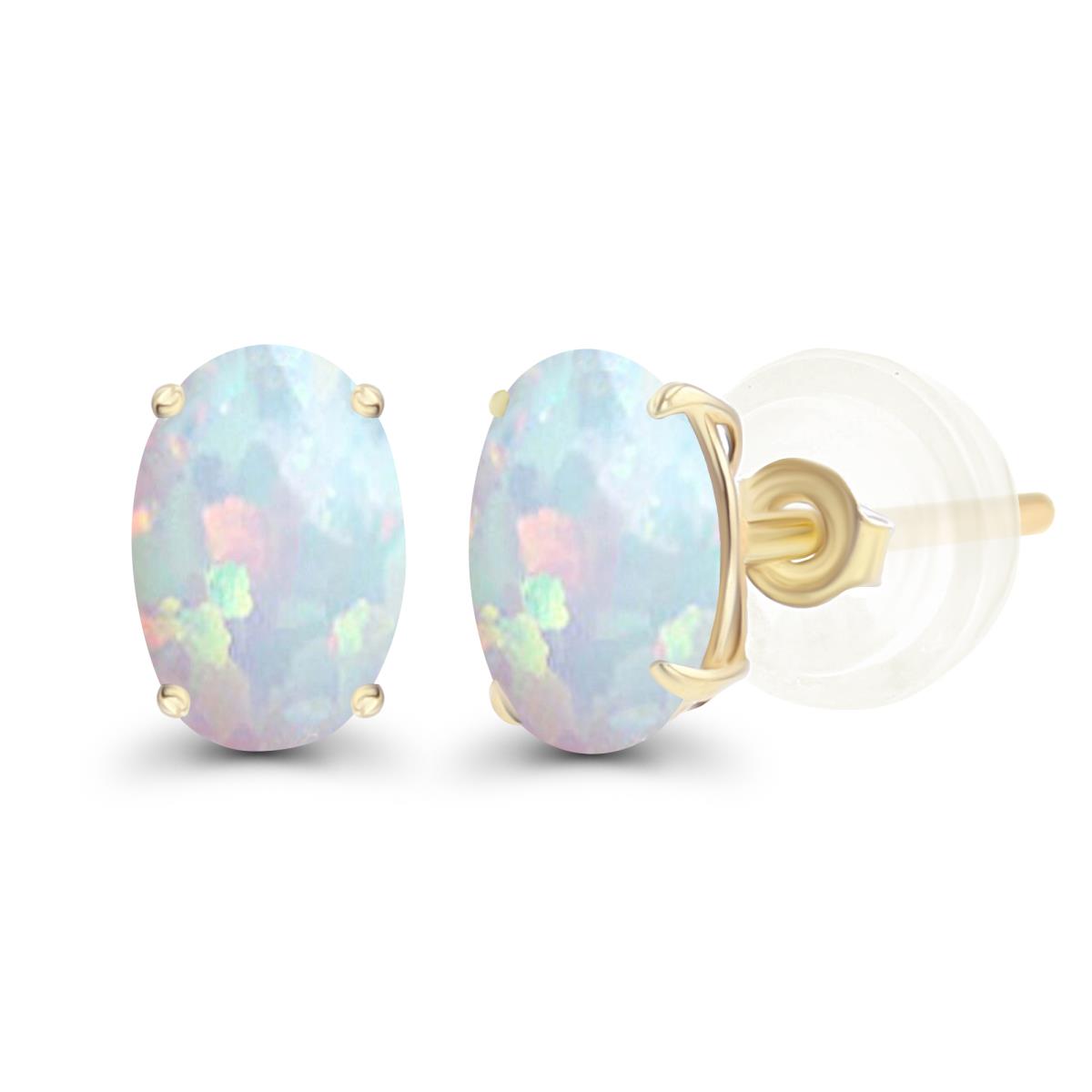 Sterling Silver Yellow 7x5mm Oval Created Opal Basket Stud Earrings with Silicone Backs