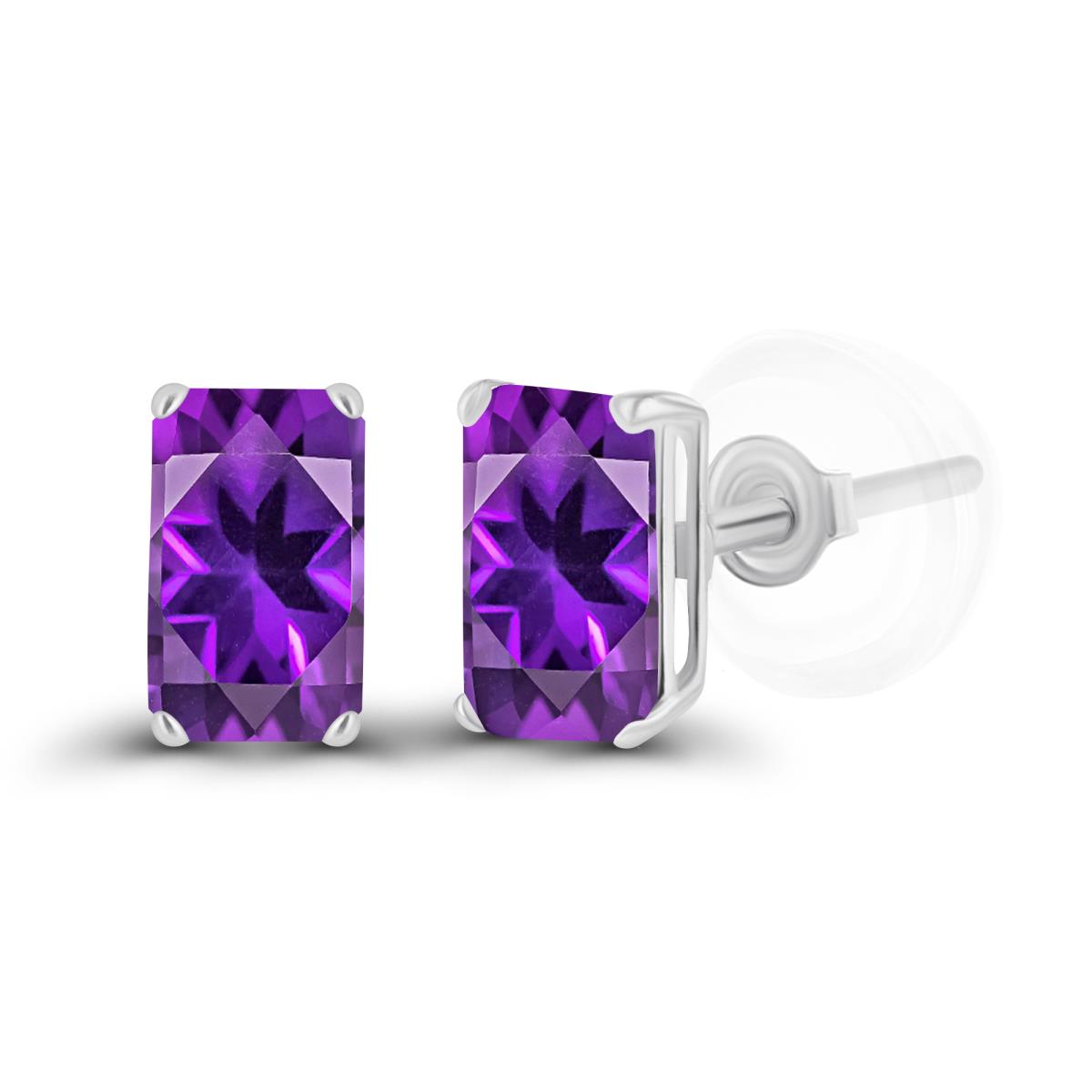 Sterling Silver Rhodium 5x3mm Octagon Amethyst Basket Stud Earrings with Silicone Backs