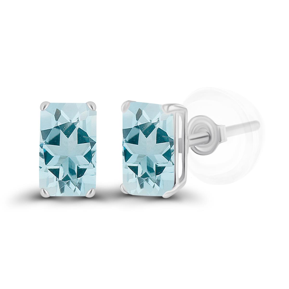 Sterling Silver Rhodium 5x3mm Octagon Aquamarine Basket Stud Earrings with Silicone Backs