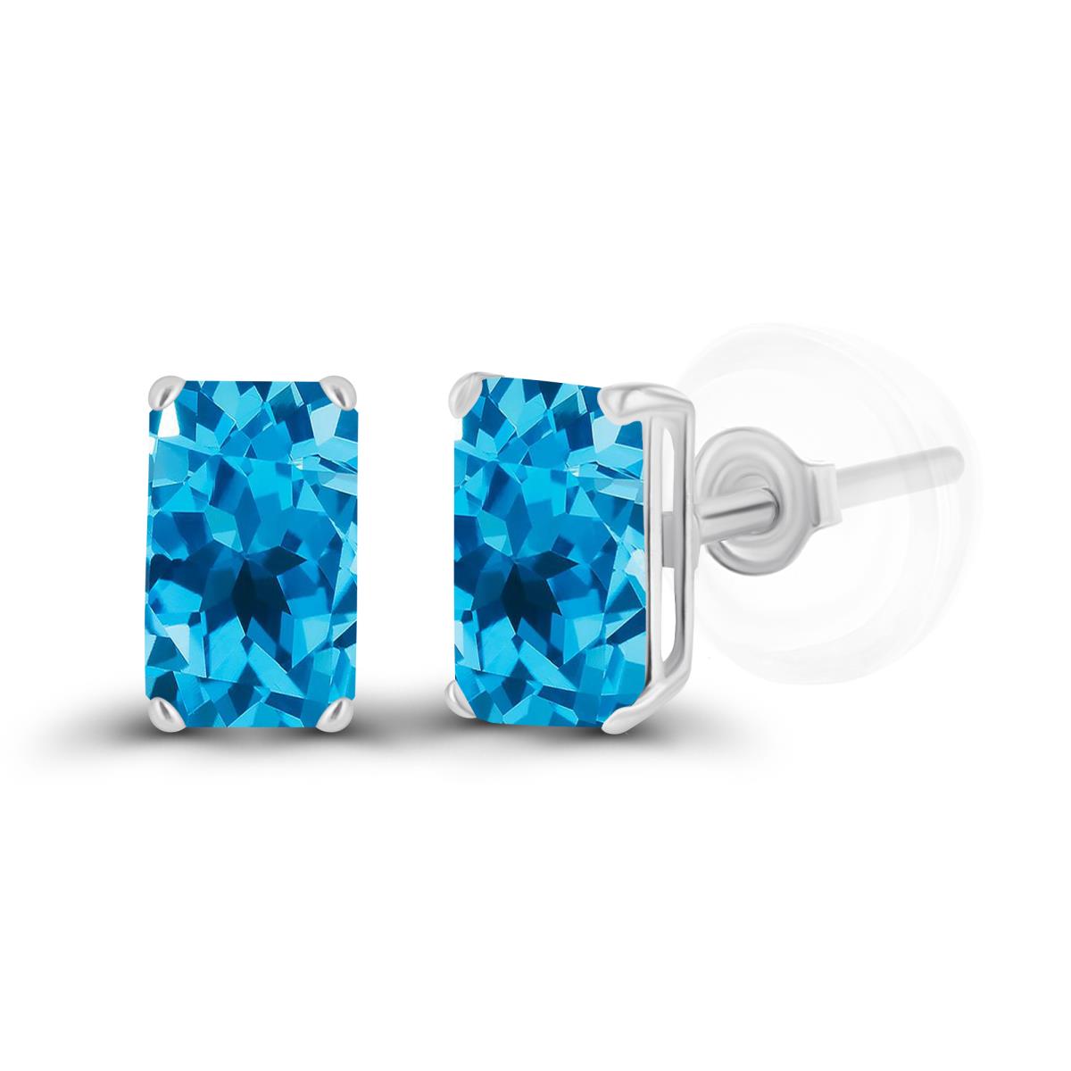Sterling Silver Rhodium 5x3mm Octagon Swiss Blue Topaz Basket Stud Earrings with Silicone Backs