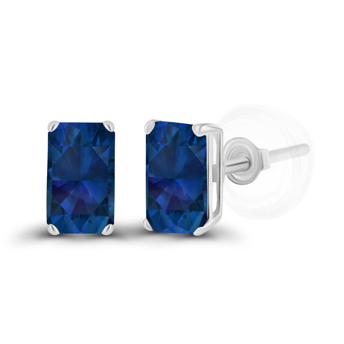Sterling Silver Rhodium 5x3mm Octagon Created Blue Sapphire Basket Stud Earrings with Silicone Backs