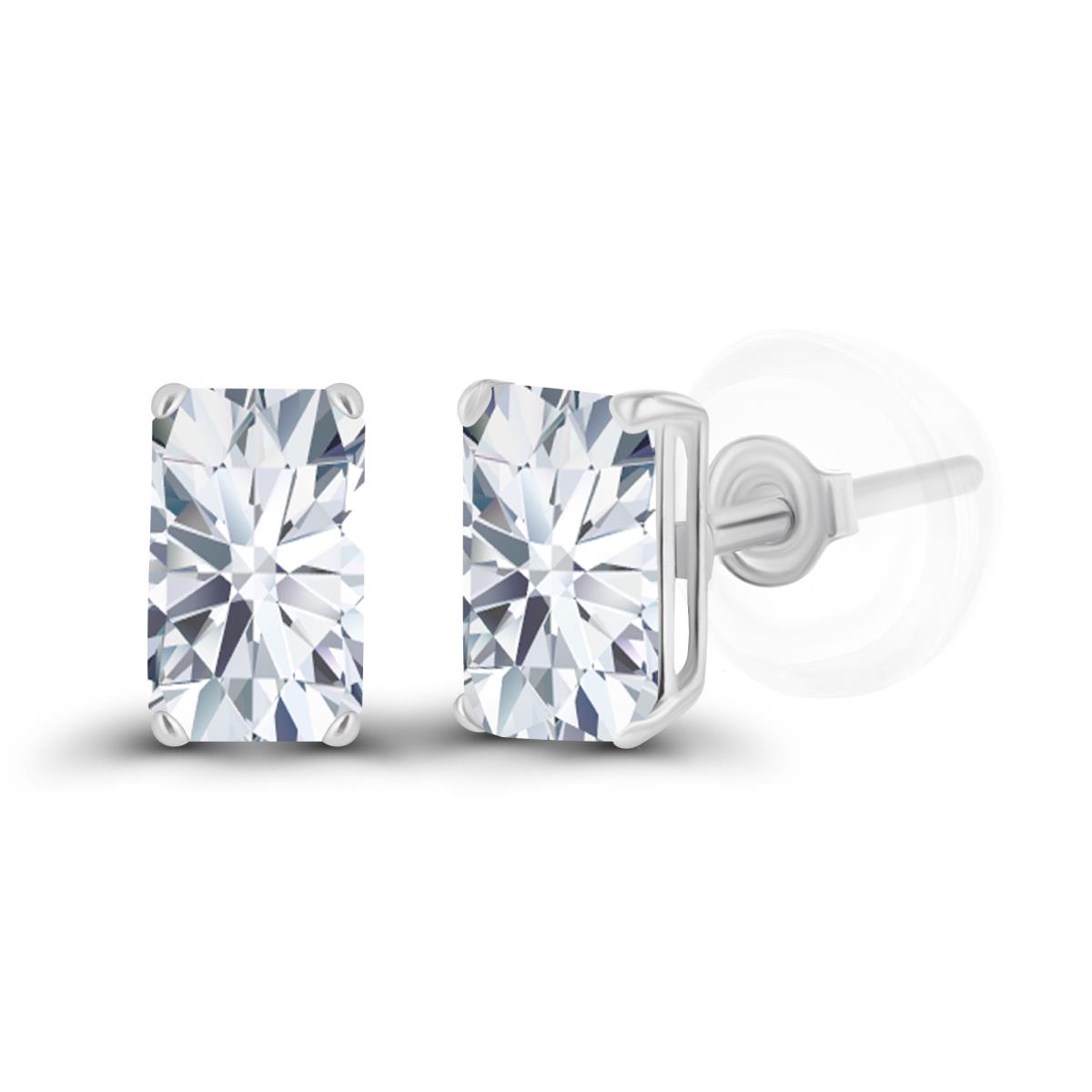Sterling Silver Rhodium 5x3mm Octagon Created White Sapphire Basket Stud Earrings with Silicone Backs