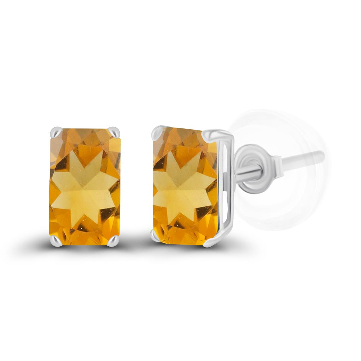 Sterling Silver Rhodium 5x3mm Octagon Citrine Basket Stud Earrings with Silicone Backs