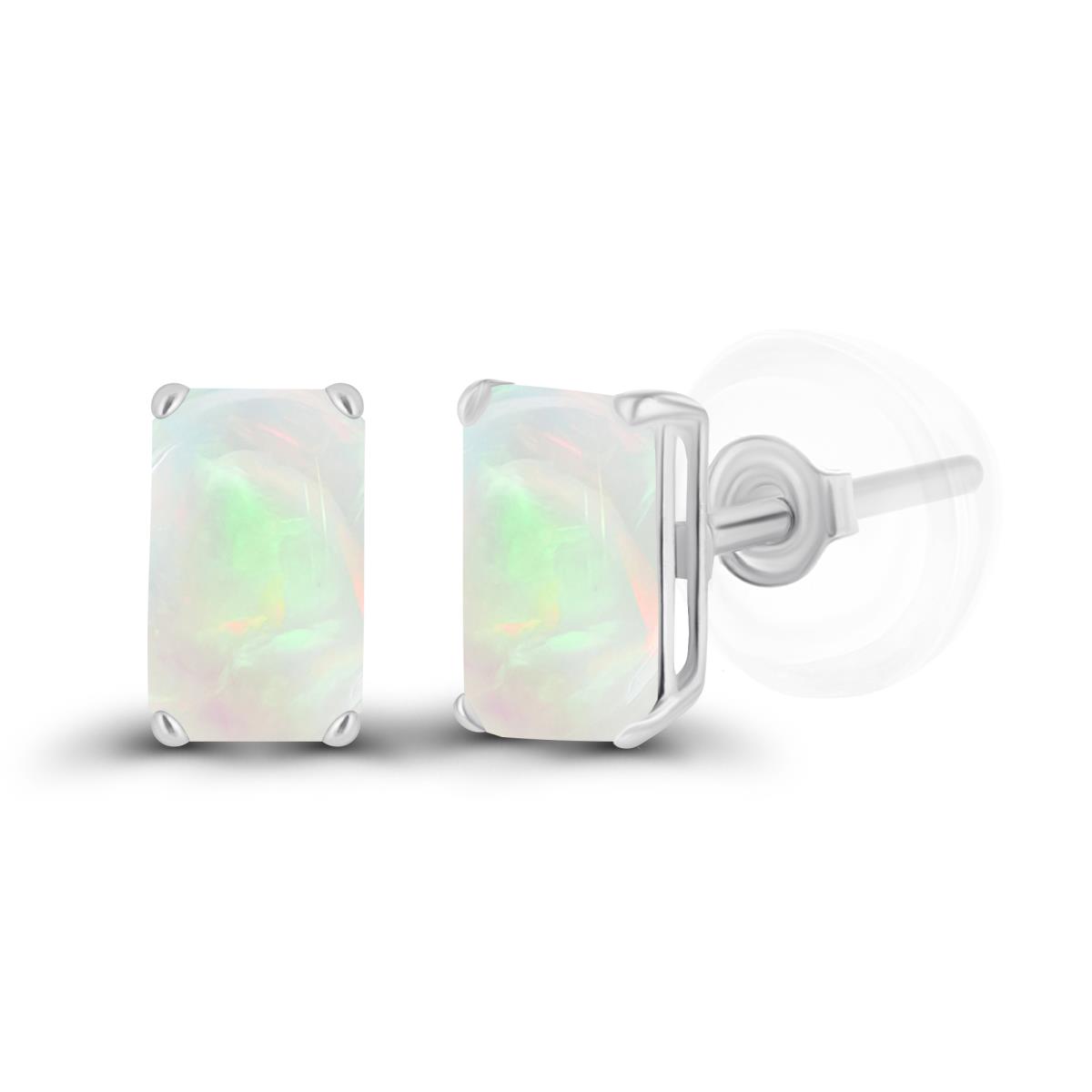 Sterling Silver Rhodium 5x3mm Octagon Opal Basket Stud Earrings with Silicone Backs