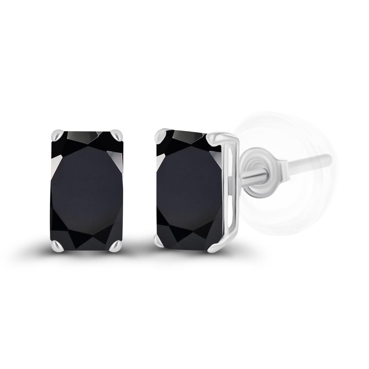 Sterling Silver Rhodium 5x3mm Octagon Onyx Basket Stud Earrings with Silicone Backs