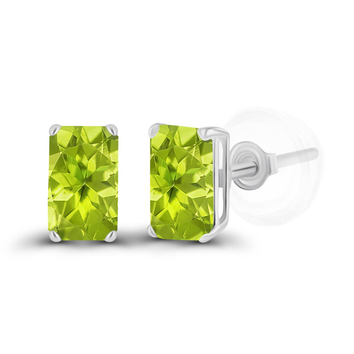 Sterling Silver Rhodium 5x3mm Octagon Peridot Basket Stud Earrings with Silicone Backs