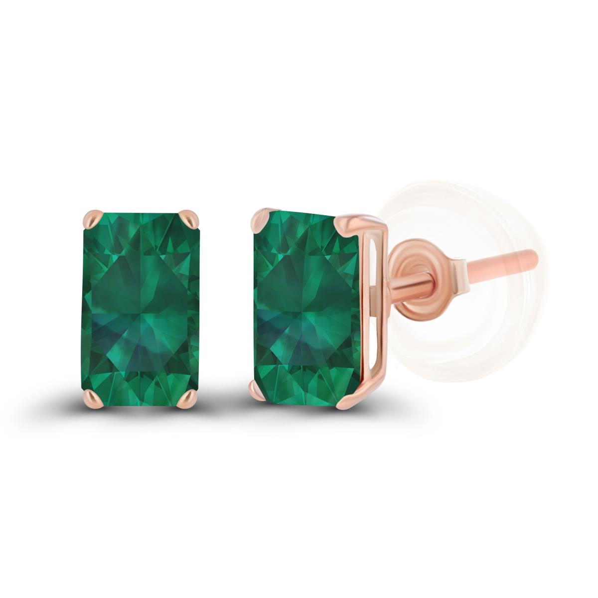 Sterling Silver Rose 5x3mm Octagon Created Emerald Basket Stud Earrings with Silicone Backs
