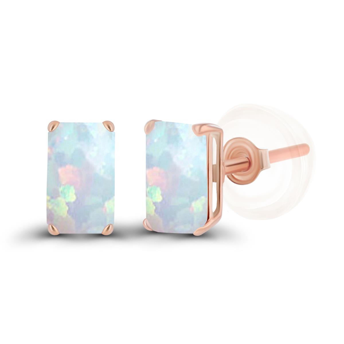 Sterling Silver Rose 5x3mm Octagon Created Opal Basket Stud Earrings with Silicone Backs