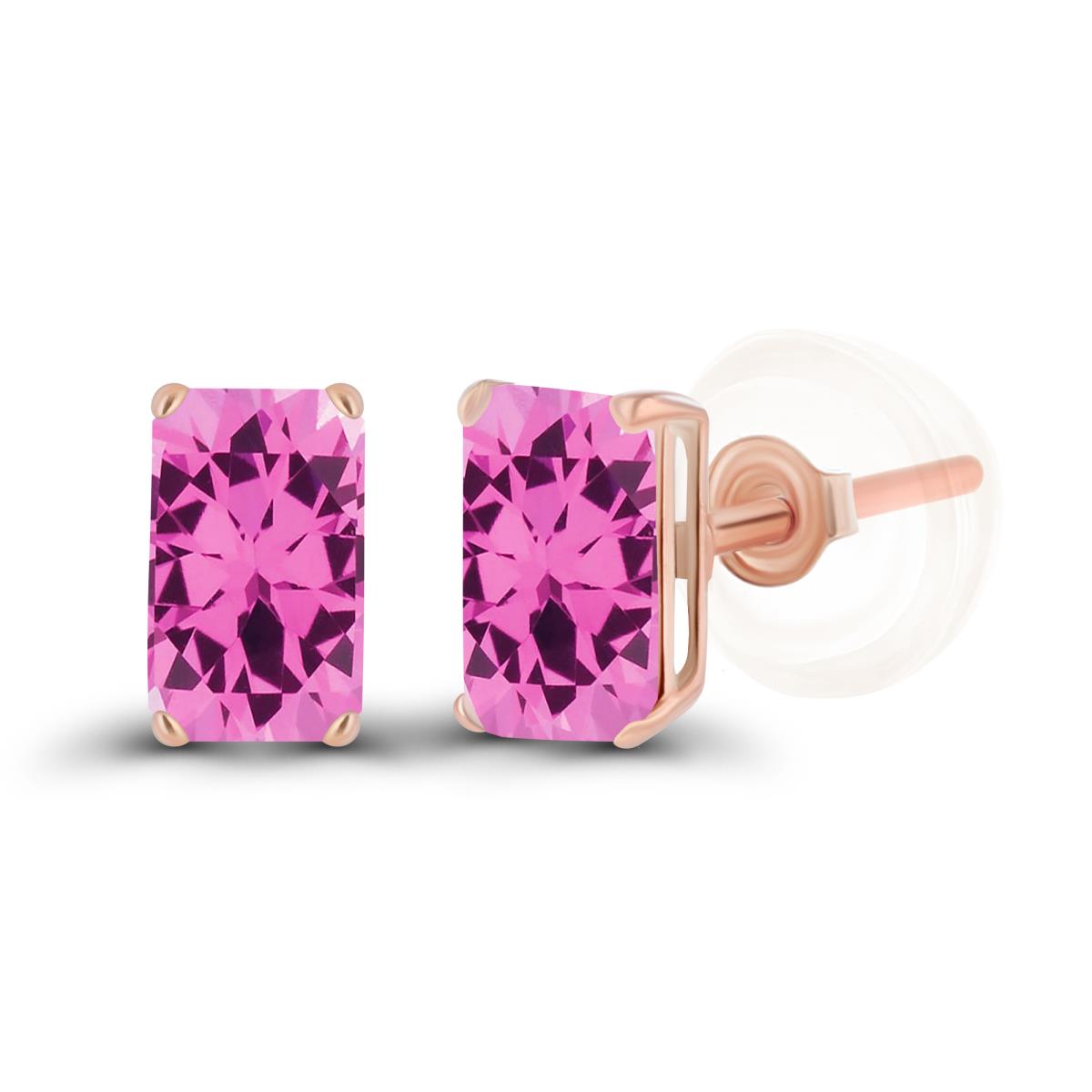 Sterling Silver Rose 5x3mm Octagon Created Pink Sapphire Basket Stud Earrings with Silicone Backs