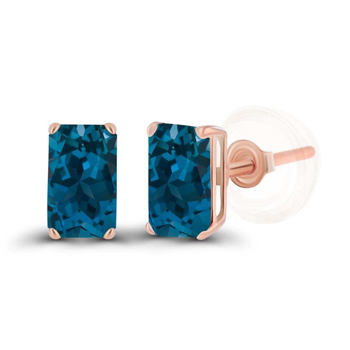 Sterling Silver Rose 5x3mm Octagon London Blue Topaz Basket Stud Earrings with Silicone Backs