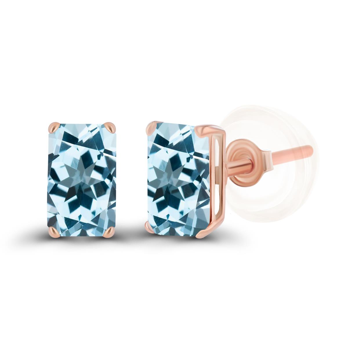 Sterling Silver Rose 5x3mm Octagon Sky Blue Topaz Basket Stud Earrings with Silicone Backs