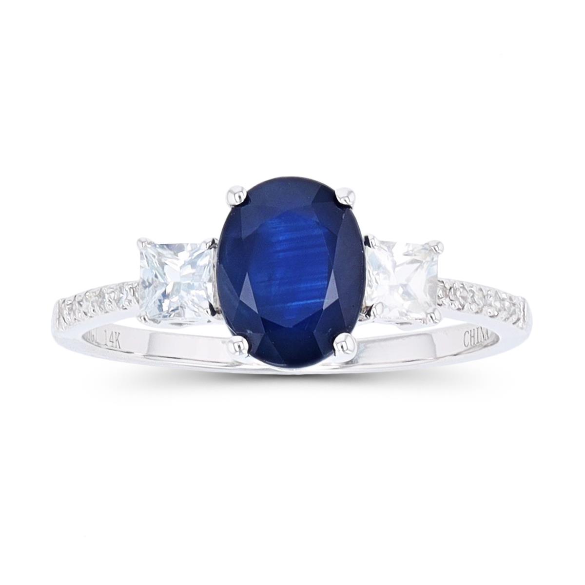 14K White Gold 0.054cttw Rnd Diamonds & 8x6mm Ov Blue Sapphire/3mm Princess White Sapphire Ring