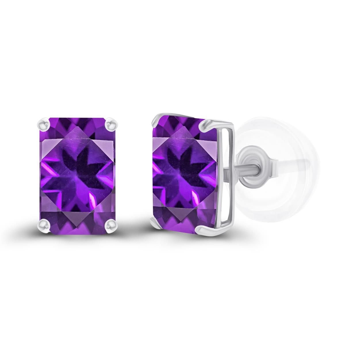 Sterling Silver Rhodium 6x4mm Octagon Amethyst Basket Stud Earrings with Silicone Backs