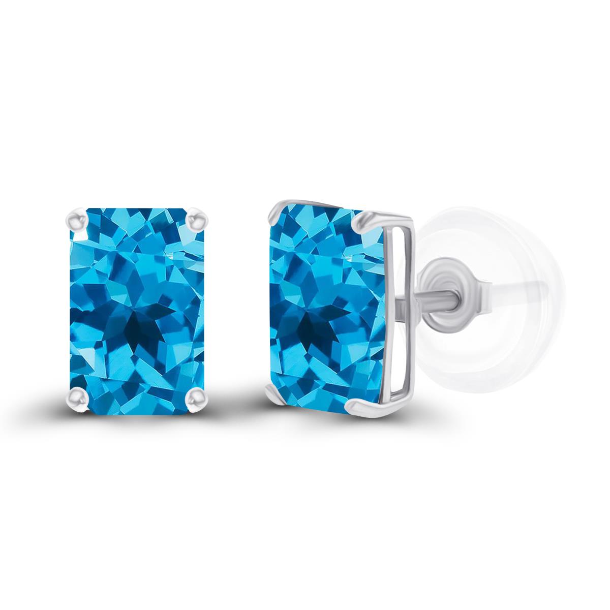 Sterling Silver Rhodium 6x4mm Octagon Swiss Blue Topaz Basket Stud Earrings with Silicone Backs