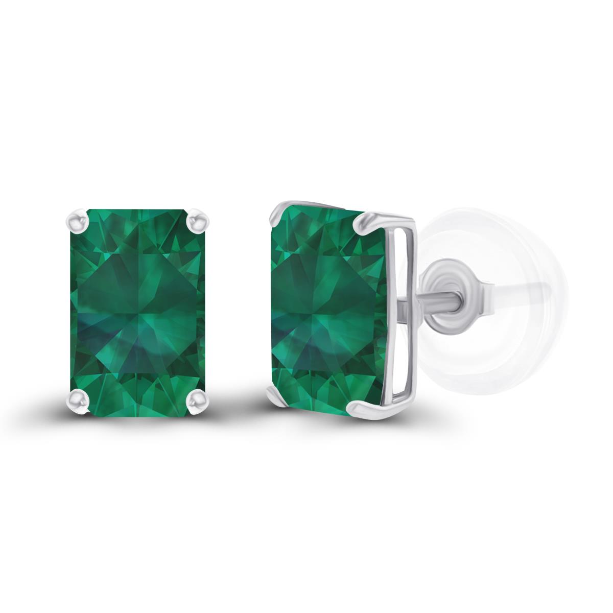 Sterling Silver Rhodium 6x4mm Octagon Created Emerald Basket Stud Earrings with Silicone Backs