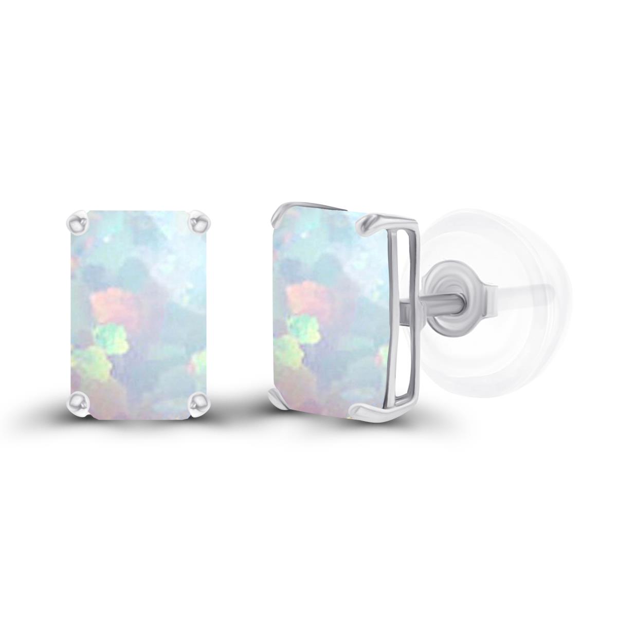 Sterling Silver Rhodium 6x4mm Octagon Created Opal Basket Stud Earrings with Silicone Backs