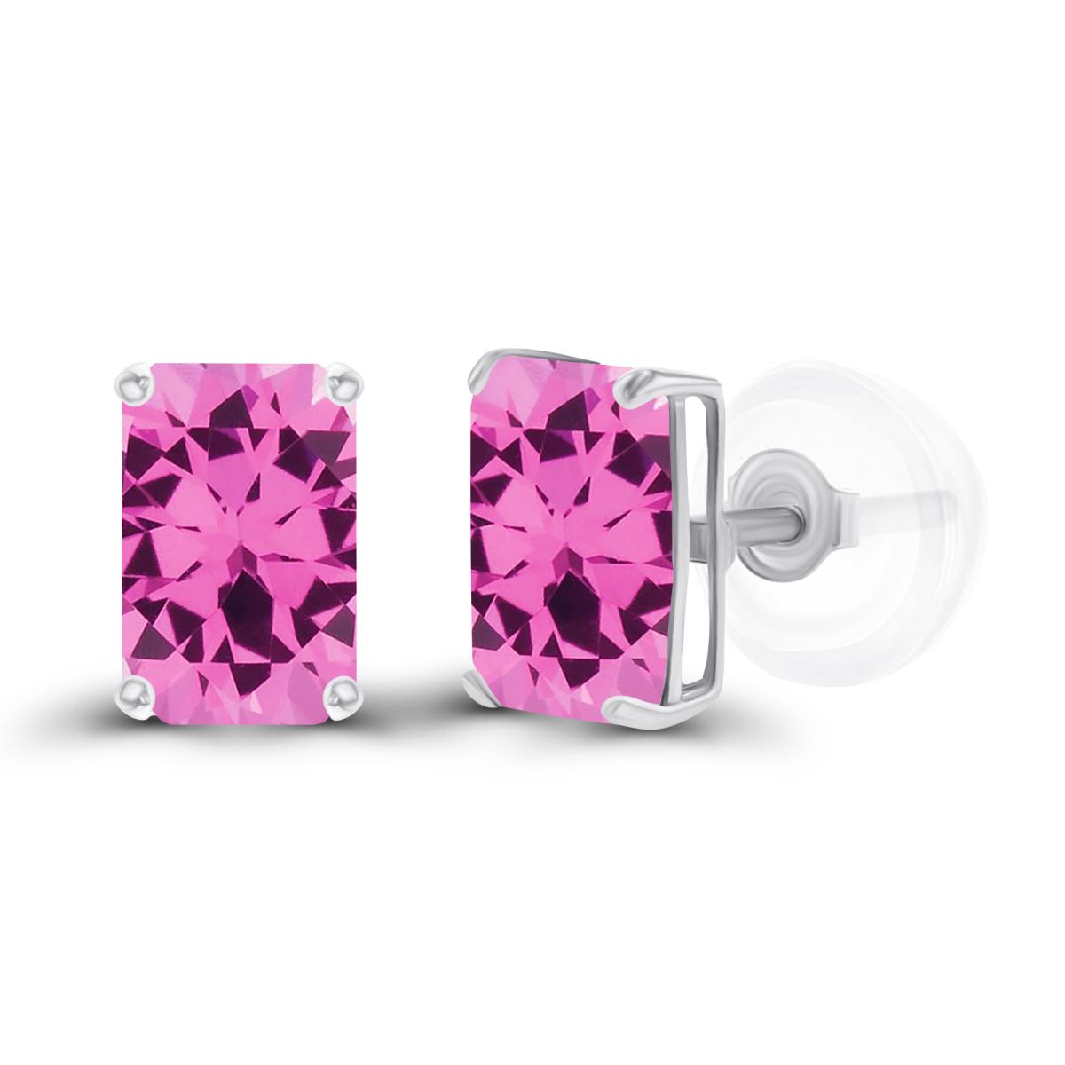 Sterling Silver Rhodium 6x4mm Octagon Created Pink Sapphire Basket Stud Earrings with Silicone Backs