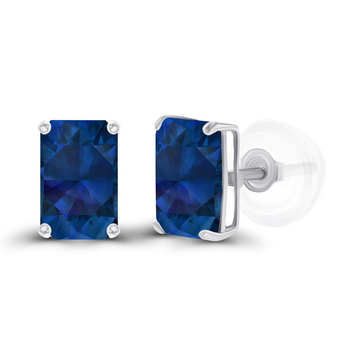Sterling Silver Rhodium 6x4mm Octagon Created Blue Sapphire Basket Stud Earrings with Silicone Backs