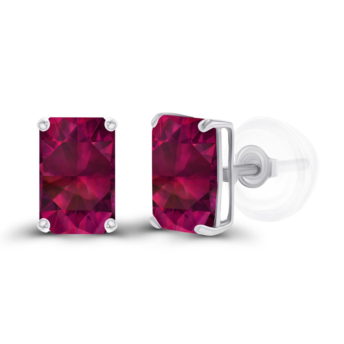 Sterling Silver Rhodium 6x4mm Octagon Created Ruby Basket Stud Earrings with Silicone Backs